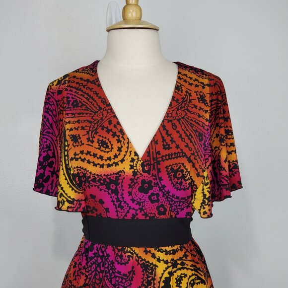 Tiana B. Empire Waist Stretchy Tie Back V-Neck Colorful Paisley Dress Size L - Picture 2 of 11